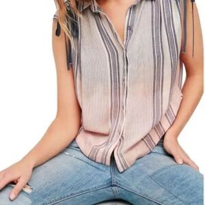 Free People Women's Button-up Shirt Medium Cream Blue Pink Sleeveless